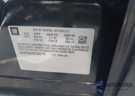 2012 Chevrolet Cruze 1Lt из США, поврежденный, VIN 1G1PF5SC7C7325170